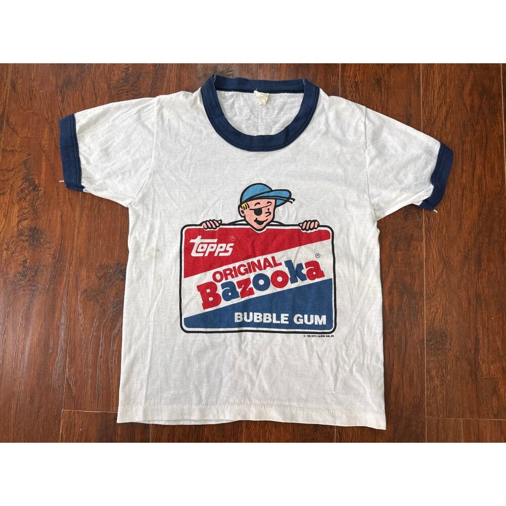 Vintage 1986 Bazooka Bubble Gum Topps Promo Logo Ringer T Shirt Youth Medium 80s